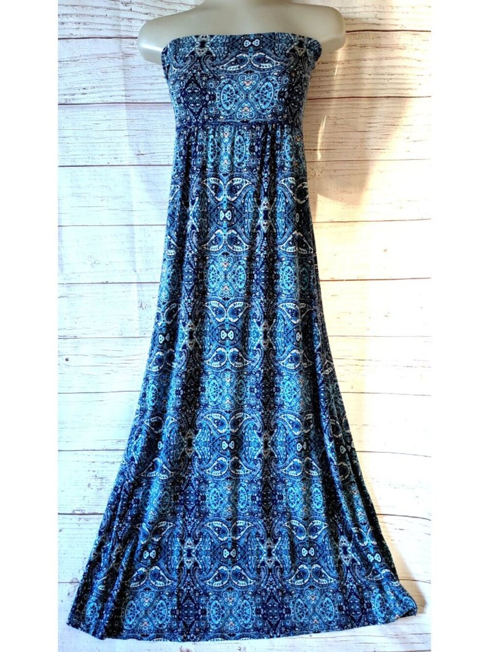 Artisan NY Women's Strapless Maxi Dress Blue Paisley Knit Rayon Blend Size S